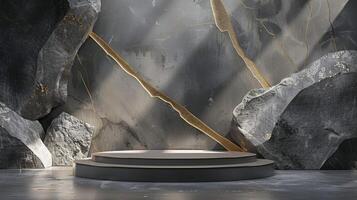 AI generated A whiteand gold of a nature marble platform surrounded by rocks. The background is geometric Stone and Rock shape, minimalist mockup for podium display showcase, studio room photo