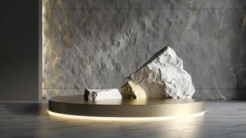 AI generated A whiteand gold of a nature marble platform surrounded by rocks. The background is geometric Stone and Rock shape, minimalist mockup for podium display showcase, studio room photo