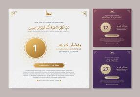 Ramadan kareem daywise calendar in three different colors, with 1st, 2nd and 3rd Ashra Dua in Arabic vector