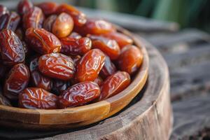 ai generado Ramadán fechas palma Fruta en un de madera plato foto