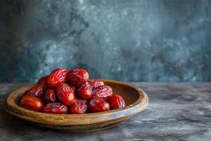 AI generated Ramadan Dates Palm Fruit On A Wooden Plate photo