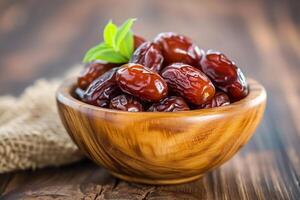 AI generated Dates or dattes palm fruit in wooden bowl is snack healthy photo