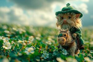 AI generated Leprechaun riding a shamrock-decorated horse through a field of clovers, embodying the playful and mischievous spirit of St. Patrick's Day photo