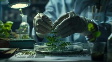 AI generated Close up of biologist's hand is meticulously conducting an experiment to extract compounds from various plants in a laboratory photo