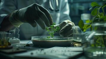 AI generated Close up of biologist's hand is meticulously conducting an experiment to extract compounds from various plants in a laboratory photo