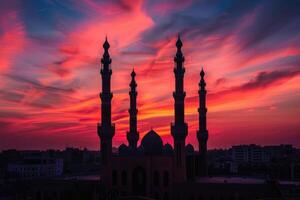 ai generado majestuoso puesta de sol detrás mezquita minaretes en tranquilo noche. foto