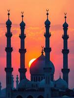 AI generated Majestic Sunset Behind Mosque Minarets in Tranquil Evening. photo