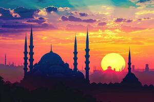 AI generated Majestic Sunset Behind Mosque Minarets in Tranquil Evening. photo