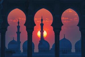 AI generated Majestic Sunset Behind Mosque Minarets in Tranquil Evening. photo