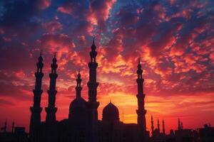 AI generated Majestic Sunset Behind Mosque Minarets in Tranquil Evening. photo