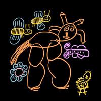 Funny ox in the filed  with butterflies anda chich, kid's like drawing vector illustration