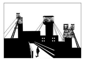 Vector silhouette illustration of a woman walking on a bridge in industrial town with coal mining structural headframes above mine shaft. Metallurgy concept