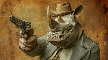 AI generated rhinoceros in a stylish hat brandishes a firearm confidently, Ai Generated photo