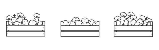 Vegetables in a wooden box line icon. Carrots in a wooden box iconc outline. Potatoes in a wooden box icon. vector