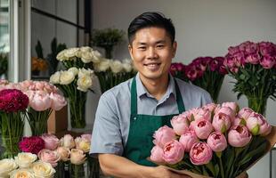 ai generado asiático hombre florista recoge un ramo de flores de piones- Fresco cortar flores en cajas y floreros en flor tienda y bastidores para venta, entrega para el día festivo. primavera, marzo 8, De las mujeres día, cumpleaños foto