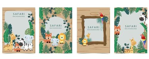 safari bandera con jirafa, elefante, cebra, zorro y hoja marco.vector ilustración para a4 diseño vector