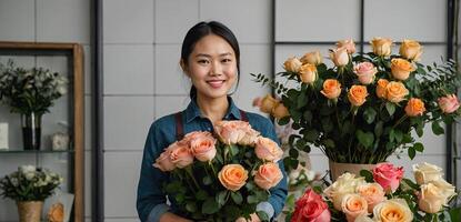 AI generated Asian woman florist collects a bouquet of roses- fresh cut flowers in boxes and vases in flower shop and racks for sale, delivery for the holiday. Spring, March 8, women's Day, birthday. photo