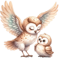 AI generated Mother and baby Owl watercolor clipart.Ai Generate png