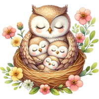 AI generated Mother and baby Owl watercolor clipart.Ai Generate png