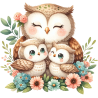 AI generated Mother and baby Owl watercolor clipart.Ai Generate png