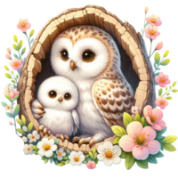 AI generated Mother and baby Owl watercolor clipart.Ai Generate png