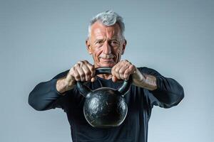 AI generated Senior Caucasian man doing exercise with kettlebell photo