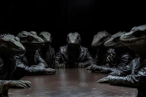 AI Generated reptile men in business suits sitting at the table in dark room, secret world government concept photo