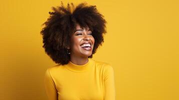 AI generated Black woman smiling, wearing a fitted, long-sleeved yellow top against a monochromatic yellow background photo