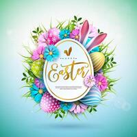 Vector Illustration of Happy Easter Holiday with Painted EggRabbit Ears and Spring Flower on Shiny Light Blue Background. International Celebration Design with Rabbit Shape and Typography for Greeting