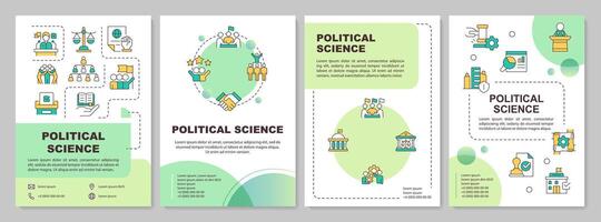 Politics science circle green brochure template. Government structure. Leaflet design with linear icons. Editable 4 vector layouts for presentation, annual reports. Arial-Bold, Lato-Regular fonts used