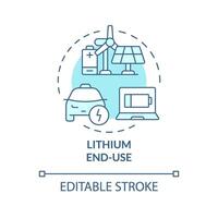 Lithium end-use soft blue concept icon. Consumer electronics, portable. Electric vehicle charging. Round shape line illustration. Abstract idea. Graphic design. Easy to use in brochure, booklet vector