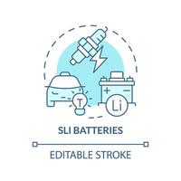 sli baterías suave azul concepto icono. acumulador sostenibilidad. eléctrico vehículo. batería vida durar. redondo forma línea ilustración. resumen idea. gráfico diseño. fácil a utilizar en folleto, folleto vector