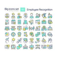 Employee recognition RGB color icons set. Workplace culture. Team member acknowlegement. Career promotion. Isolated vector illustrations. Simple filled line drawings collection. Editable stroke