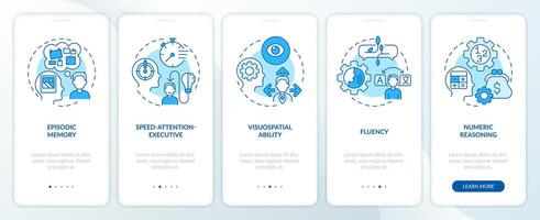 Domains of cognitive function blue onboarding mobile app screen. Walkthrough 5 steps editable graphic instructions with linear concepts. UI, UX, GUI template vector