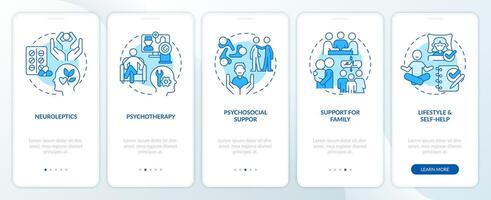 Schizophrenia treatment blue onboarding mobile app screen. Walkthrough 5 steps editable graphic instructions with linear concepts. UI, UX, GUI template vector