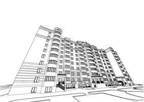 Detailed architectural plan of multistory building with diminishing perspective. Vector blueprint illustration