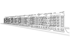 Detailed architectural plan of multistory building with diminishing perspective. Vector blueprint illustration