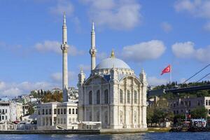 Ortakoy Mosque or Grand Mecidiye Mosque under the Bosphorus Bridge, Besiktas, Istanbul, Turkey photo