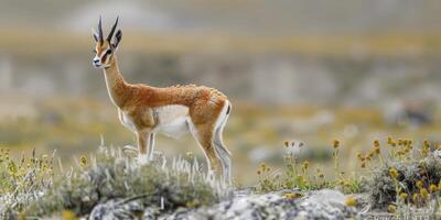 ai generado en el desierto, el majestuoso tibetano antílope, pantaloncillos hodgsonii, itinerancia libremente en sus natural habitat foto