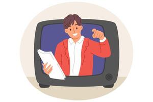 hombre televisión espectáculo locutor mira fuera de retro televisión y puntos dedo a espectador, recomendando a comprar anunciado producto. Noticias o noche televisión espectáculo anfitrión sostiene guión documentos y improvisa En Vivo vector