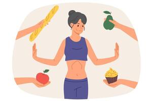 Woman with anorexia and dystrophy refuses to eat, standing among hands with fruits and pastries. Thin girl experiences food aversions due to anorexia caused by dieting for weight loss for too long. vector