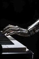 ai generado robótico mano jugando piano robot de teclado participación guitarra cerca arriba. ai generado foto