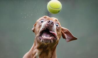 ai generado perro cómico intento a captura un tenis pelota foto