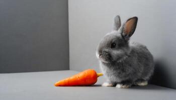 AI generated grey baby rabbit with a carrot, minimalismGenerated Image photo