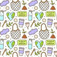 Cute seamless pattern with recycle and reusable products - glass water bottle, coffee cup, mesh bag, textile pads and cotton pads, menstrual cup and others.Zero waste,Save the Planet, Go green concept vector