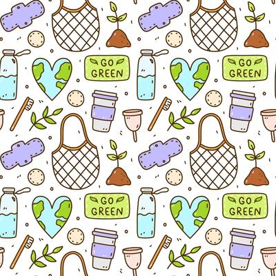 Cute seamless pattern with recycle and reusable products - glass water bottle, coffee cup, mesh bag, textile pads and cotton pads, menstrual cup and others.Zero waste,Save the Planet, Go green concept