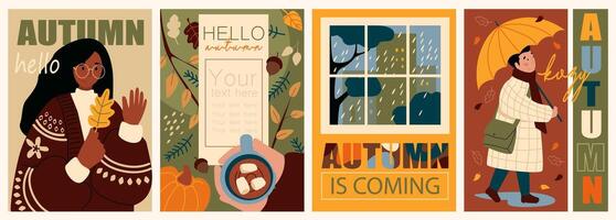 Hello Autumn cover brochure set in trendy flat design. Poster templates with woman in sweater holds fall forest leaves, hot cocoa, raining windows view, man with umbrella wolks. Vector illustration.