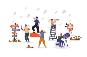 Search for opportunities concept with character scene for web. Women and men with binoculars or spyglasse looking targets. People situation in flat design. Vector illustration for marketing material.