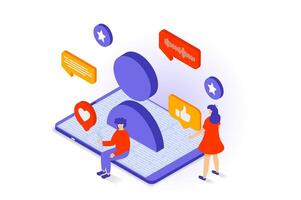 Social media concept in 3d isometric design. People networking, registarate and manage new online profile, chatting and likes friends posts. Vector illustration with isometry scene for web graphic