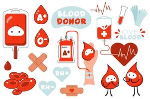 Blood donor mega set in graphic flat design. Bundle elements of red liquid in bag, drops, groups and rhesus, dropper, cells, test tube, heart, gloves and other. Vector illustration isolated stickers